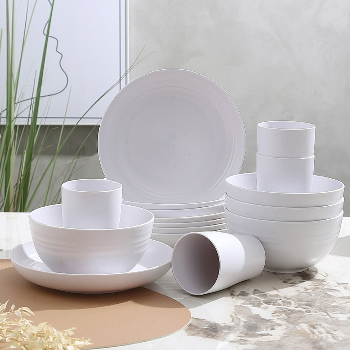 Darzheoy 16 Pieces Kitchen Dinnerware Set, Service for 8, Dinner Plates, Dessert Plate, Cereal Bowls, Cups, Colorful Plastic Outdoor Camping Dishes White