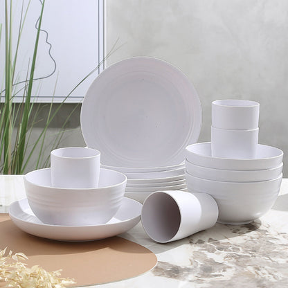 Darzheoy 16 Pieces Kitchen Dinnerware Set, Service for 8, Dinner Plates, Dessert Plate, Cereal Bowls, Cups, Colorful Plastic Outdoor Camping Dishes White