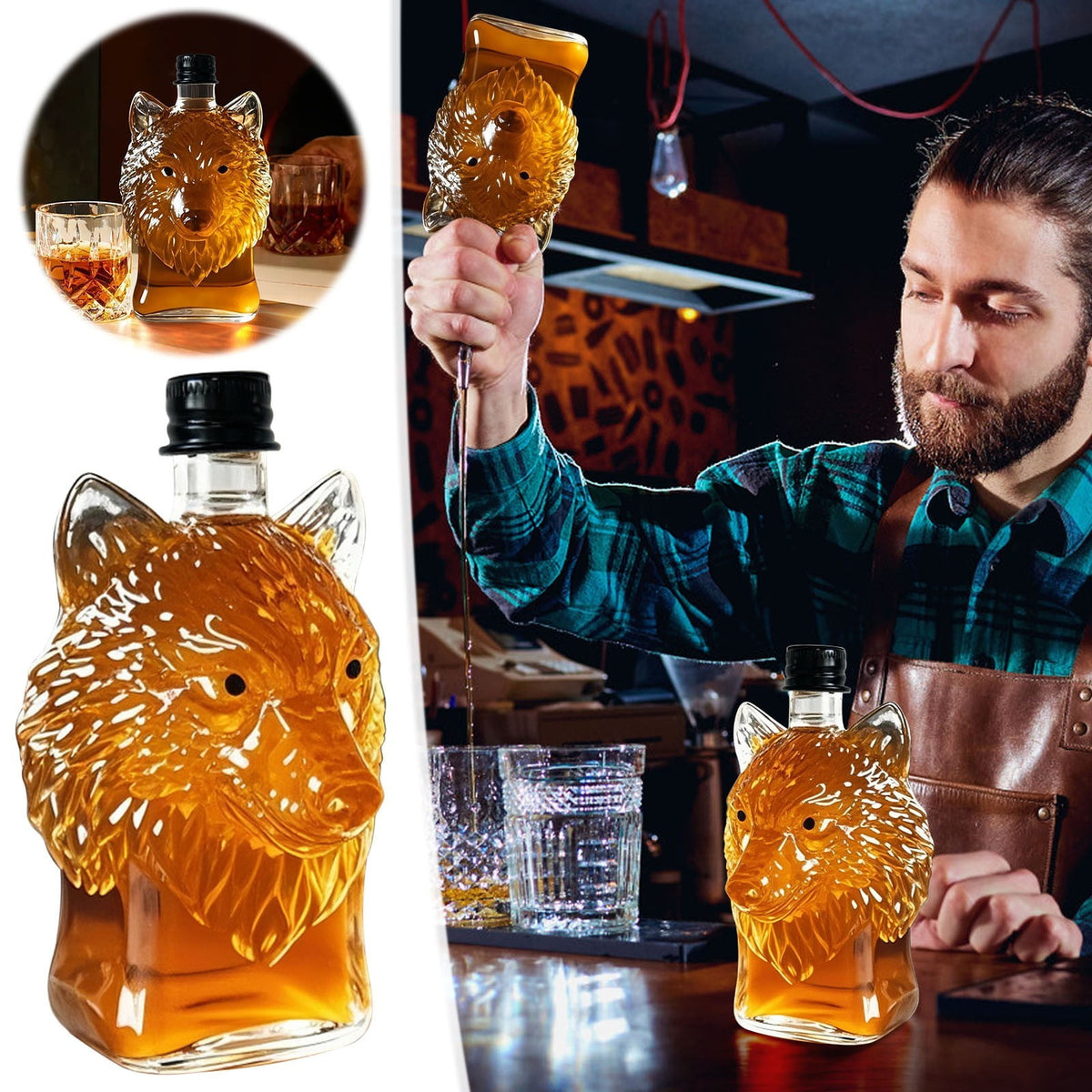 Darzheoy Wolf Whiskey Bottle, Funny Wolf Whiskey Bottle, 3D Wolf Shape Glass, Wine Decanter for Men Dad, Home Bar Dachshund Lover Decor E