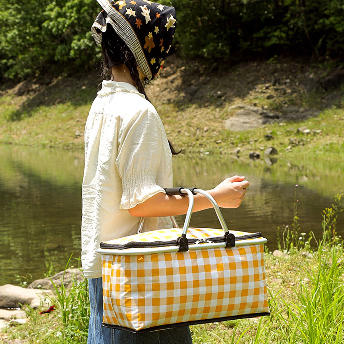 Kdkad Picnic Basket, Collapsible Shopping Basket with Lid Large Market Basket with Handles Reusable Folding Grocery Basket Insulated Cooler Bag for Picnic Travel 18.5×8.7×10.6 in Green