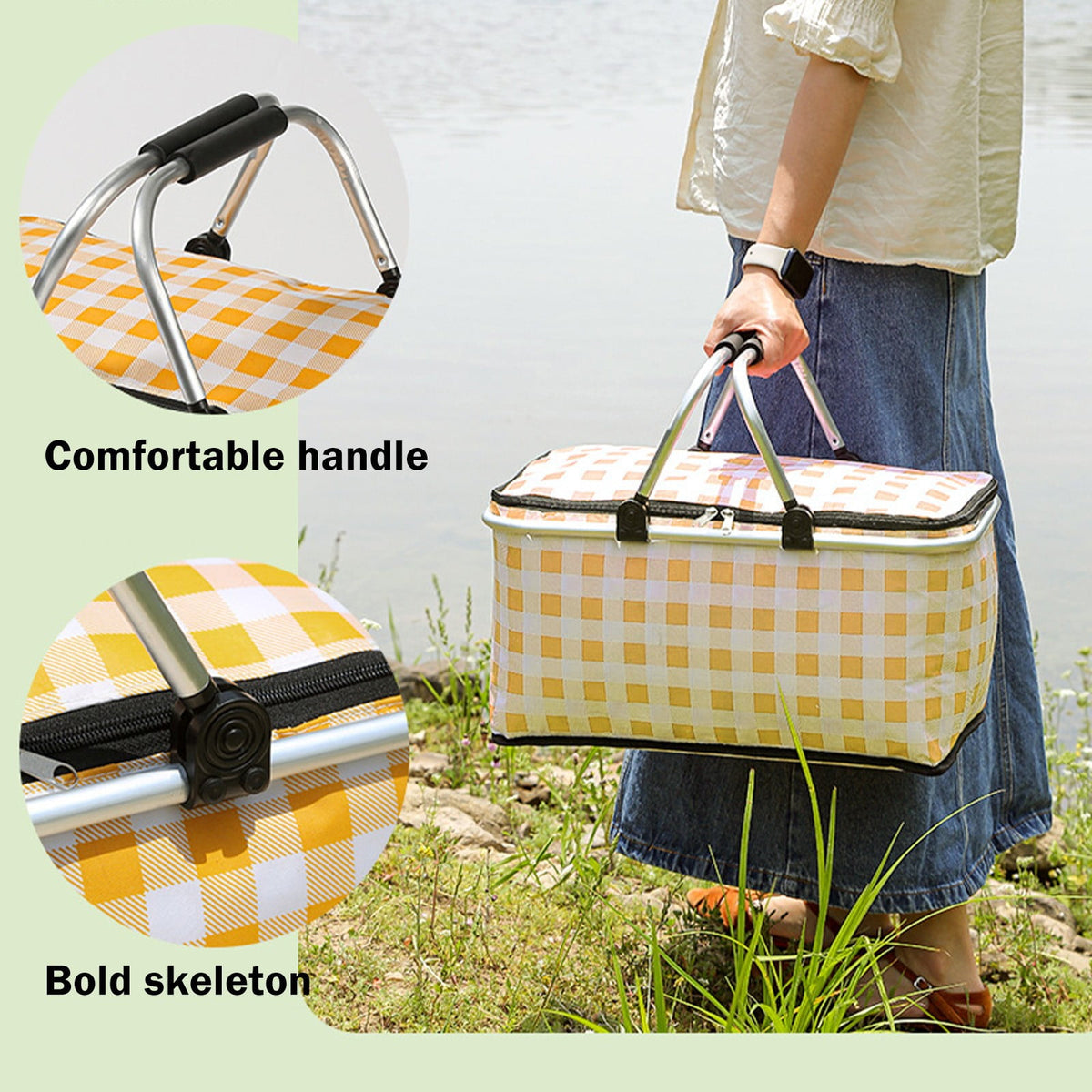 Kdkad Picnic Basket, Collapsible Shopping Basket with Lid Large Market Basket with Handles Reusable Folding Grocery Basket Insulated Cooler Bag for Picnic Travel 18.5×8.7×10.6 in Green