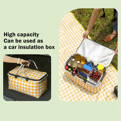 Kdkad Picnic Basket, Collapsible Shopping Basket with Lid Large Market Basket with Handles Reusable Folding Grocery Basket Insulated Cooler Bag for Picnic Travel 18.5×8.7×10.6 in Pink
