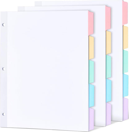 Blank Writable Binder Dividers, 1/5 Cut Tabs, 3 Hole Punch Dividers with Reinforced Edge, Binder Dividers with Multicolor Tabs, Letter Size, 3 Sets, 15 Dividers