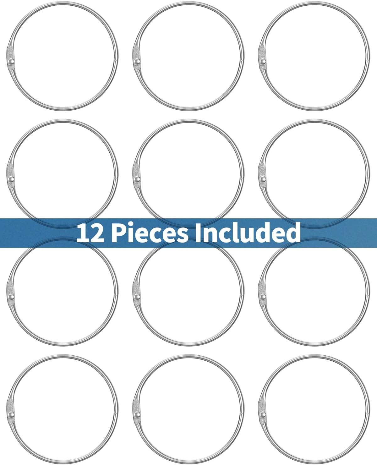 Loose Leaf Binder Rings 2 Inch Smooth Steel Book Rings for Index Cards Flash Cards Receipts Memos Photos and Files Heavy Duty Organizers Loops for Office School and Home Use, 12 Pack
