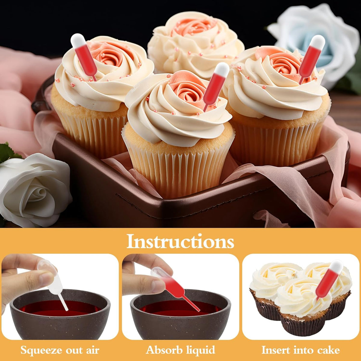 25Pcs Cupcakes Pipettes, 4ml Clear Plastic Pipettes - Transfer Liquid Pipettes Dropper for Chocolate, Strawberries Cupcakes, Ice Cream, Mini Cakes, Waffles, Children's Painting, Kitchen Supplies