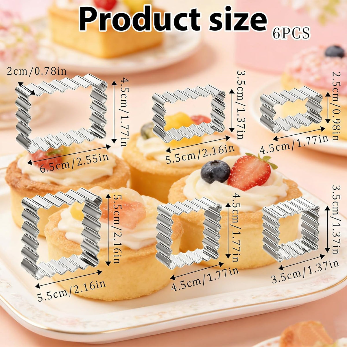 6 Pcs Scalloped Cookie Cutter Set, Square Cookie Cutter, Wavy Rectangle Cookies Cutters Set Scalloped Cutters Reusable Cookies Mold with Jagged Edge Design for a Special Event Holiday Everyday Treat