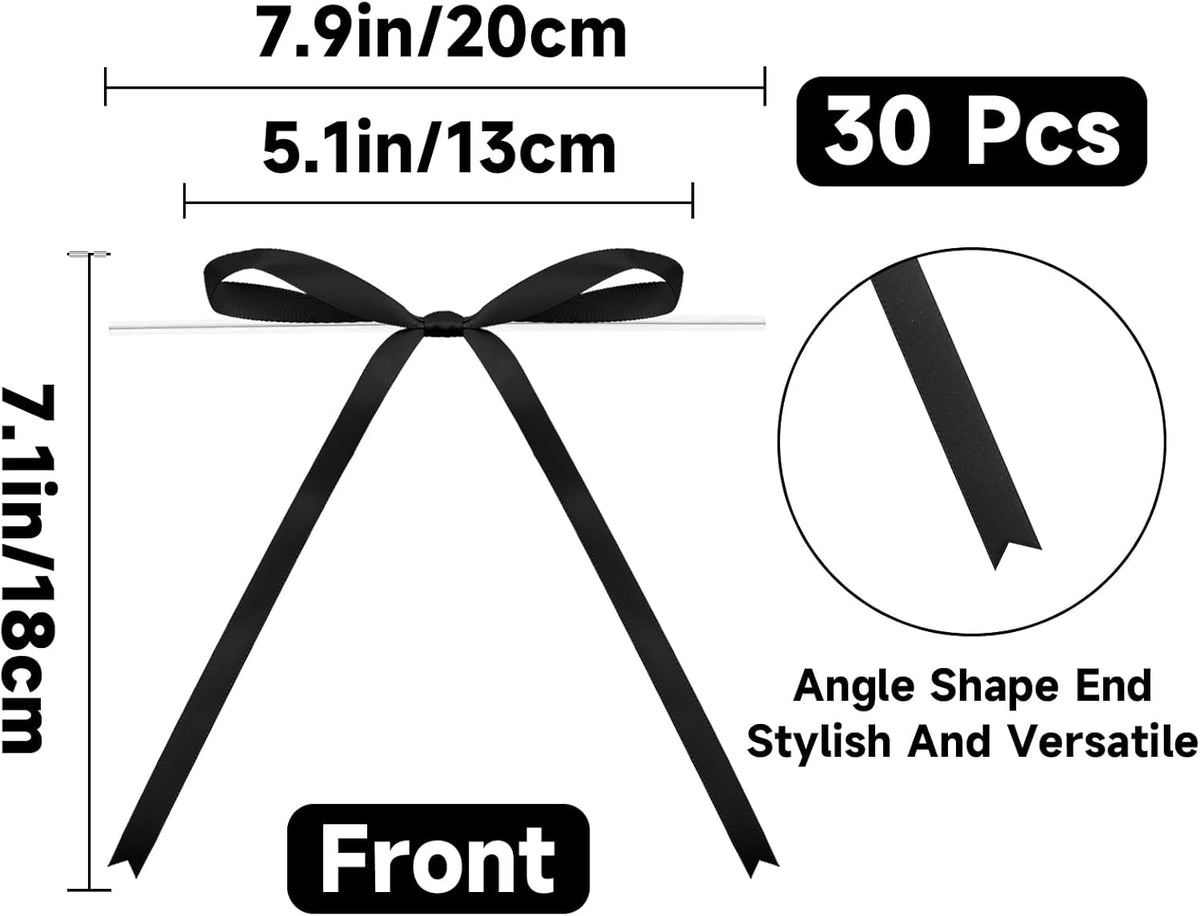 Twist Tie Bows 5x7Inch - 30Pcs Premade Black Gift Bow for Cake Gift Wrapping Balloon Craft Treat Bag Black Satin Ribbon Bows for Wedding Baby Shower Birthday Party Halloween Christmas Decor