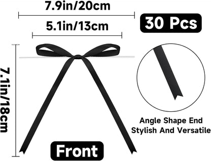 Twist Tie Bows 5x7Inch - 30Pcs Premade Black Gift Bow for Cake Gift Wrapping Balloon Craft Treat Bag Black Satin Ribbon Bows for Wedding Baby Shower Birthday Party Halloween Christmas Decor