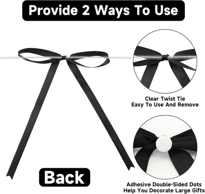 Twist Tie Bows 5x7Inch - 30Pcs Premade Black Gift Bow for Cake Gift Wrapping Balloon Craft Treat Bag Black Satin Ribbon Bows for Wedding Baby Shower Birthday Party Halloween Christmas Decor