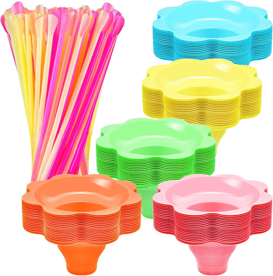 200 Pcs Colorful Snow Cone Cups with Spoon Straws,Flower Shaped Ice Cream Cup,Plastic Cone Snacks Cups for Summer Holiday,Party Trifle and Shaved Ice