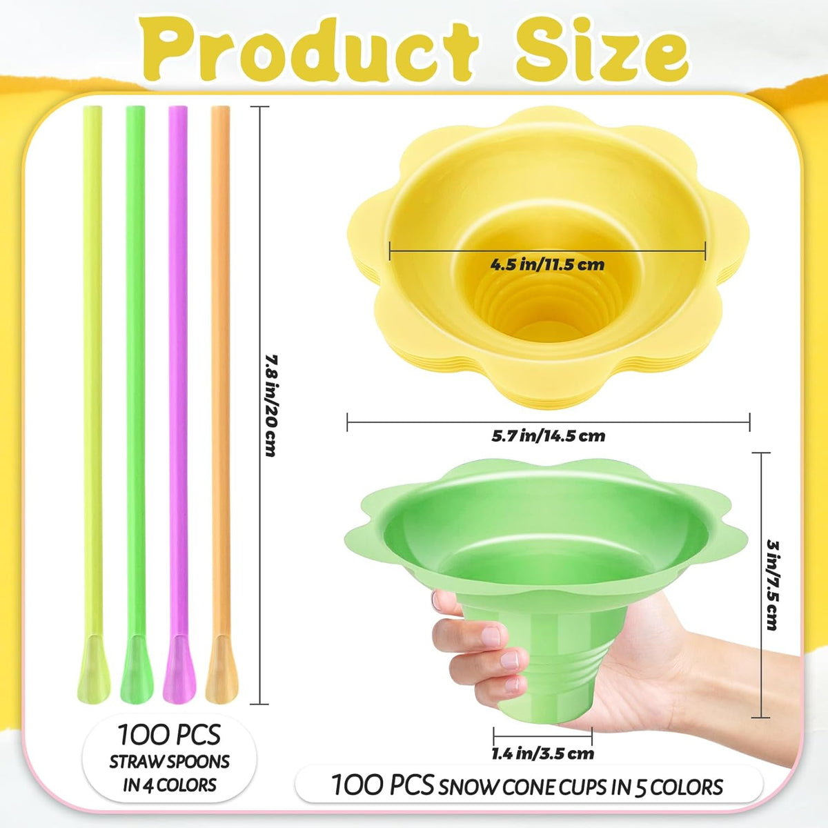 200 Pcs Colorful Snow Cone Cups with Spoon Straws,Flower Shaped Ice Cream Cup,Plastic Cone Snacks Cups for Summer Holiday,Party Trifle and Shaved Ice