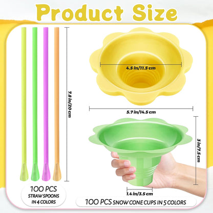 200 Pcs Colorful Snow Cone Cups with Spoon Straws,Flower Shaped Ice Cream Cup,Plastic Cone Snacks Cups for Summer Holiday,Party Trifle and Shaved Ice