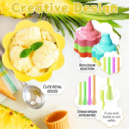 200 Pcs Colorful Snow Cone Cups with Spoon Straws,Flower Shaped Ice Cream Cup,Plastic Cone Snacks Cups for Summer Holiday,Party Trifle and Shaved Ice