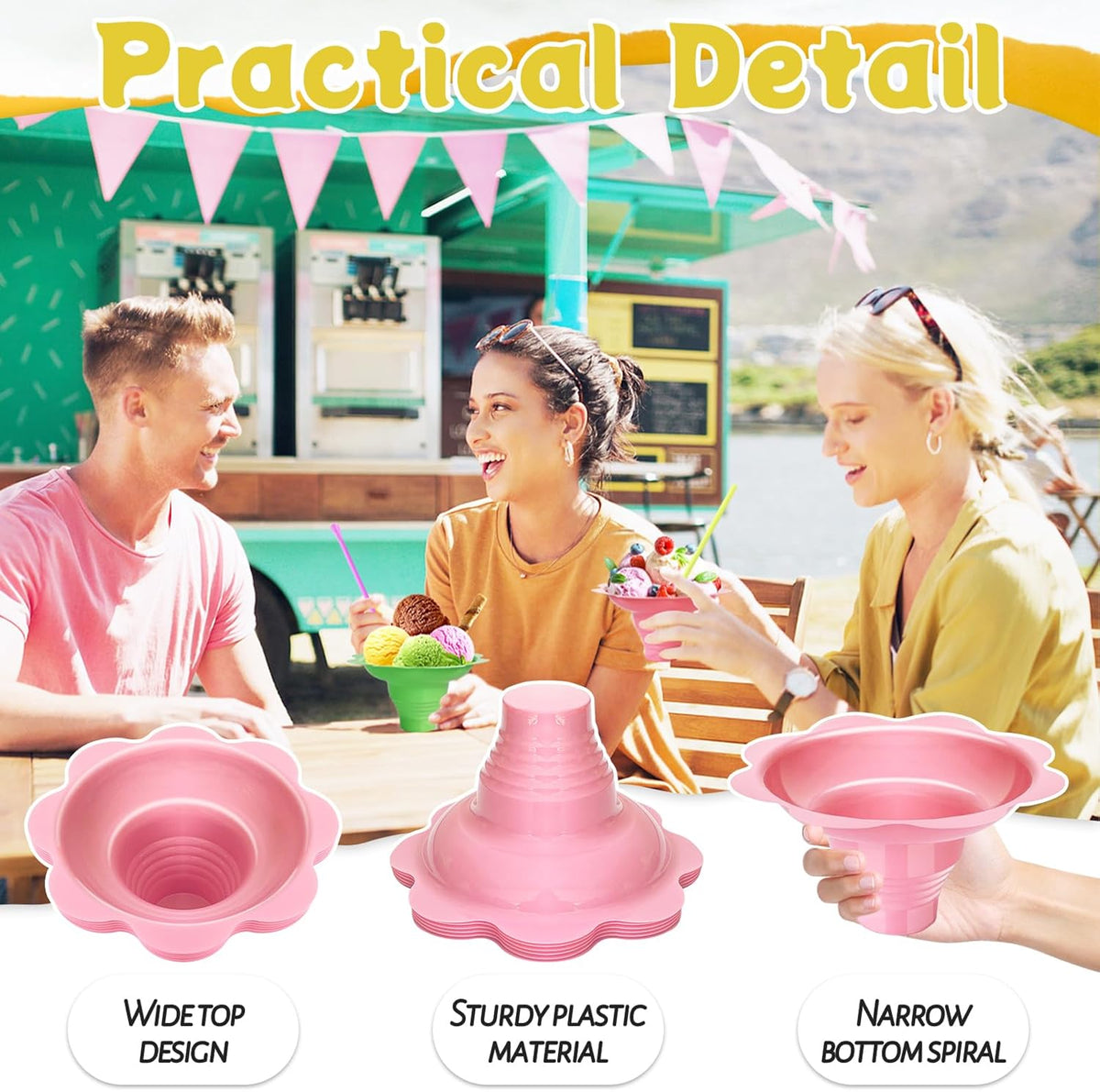 200 Pcs Colorful Snow Cone Cups with Spoon Straws,Flower Shaped Ice Cream Cup,Plastic Cone Snacks Cups for Summer Holiday,Party Trifle and Shaved Ice