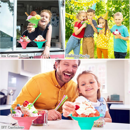 200 Pcs Colorful Snow Cone Cups with Spoon Straws,Flower Shaped Ice Cream Cup,Plastic Cone Snacks Cups for Summer Holiday,Party Trifle and Shaved Ice