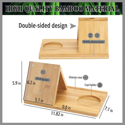 Bamboo Book Holder, Triangle Book Holder Stand with Acrylic Picture Frame, Book Rest with Cup Holder, Tablet and Kindle Stand, Book Lovers Gifts, Bookish Gifts, Bamboo Book Rest Stand