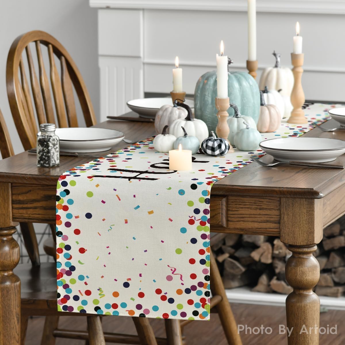 Polka Dot Beige Happy Birthday Table Runner, Seasonal Kitchen Dining Table Decoration for Home Party Decor 13x72 Inch
