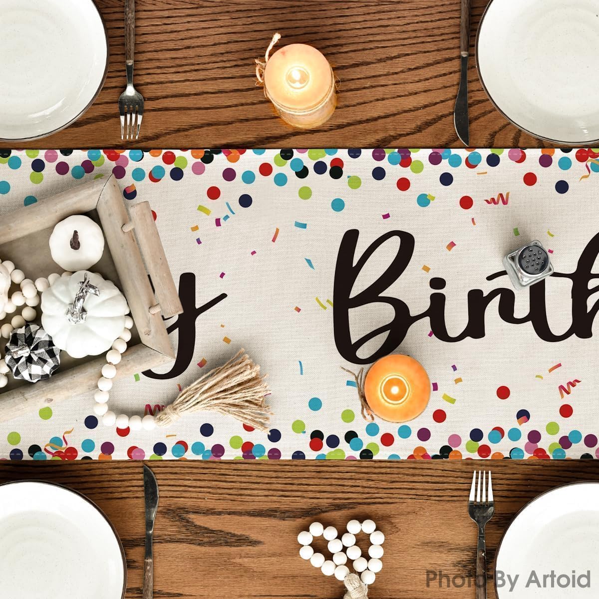 Polka Dot Beige Happy Birthday Table Runner, Seasonal Kitchen Dining Table Decoration for Home Party Decor 13x72 Inch