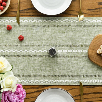Sage Green Rustic Cotton Linen Table Runner, Seasonal Embroidered Hollow Kitchen Dining Table Decoration for Home Party Decor 13x72 Inch