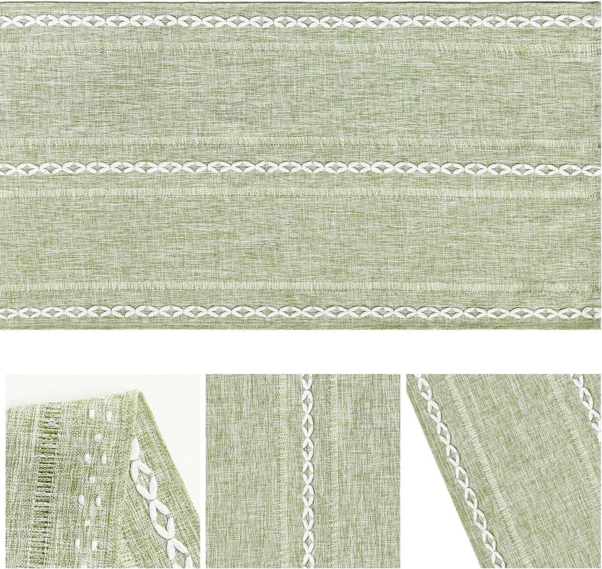 Sage Green Rustic Cotton Linen Table Runner, Seasonal Embroidered Hollow Kitchen Dining Table Decoration for Home Party Decor 13x72 Inch