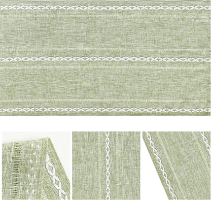 Sage Green Rustic Cotton Linen Table Runner, Seasonal Embroidered Hollow Kitchen Dining Table Decoration for Home Party Decor 13x72 Inch
