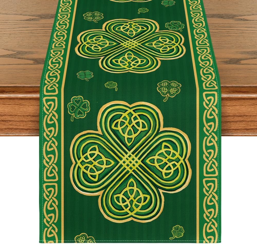 Green Stripes Shamrocks 210 GSM St.Patrick's Day Table Runner, Seasonal Spring Kitchen Dining Table Runner for Home Party Decor 13x72 Inch