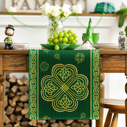 Green Stripes Shamrocks 210 GSM St.Patrick's Day Table Runner, Seasonal Spring Kitchen Dining Table Runner for Home Party Decor 13x72 Inch