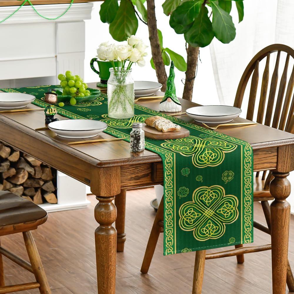 Green Stripes Shamrocks 210 GSM St.Patrick's Day Table Runner, Seasonal Spring Kitchen Dining Table Runner for Home Party Decor 13x72 Inch