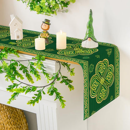 Green Stripes Shamrocks 210 GSM St.Patrick's Day Table Runner, Seasonal Spring Kitchen Dining Table Runner for Home Party Decor 13x72 Inch