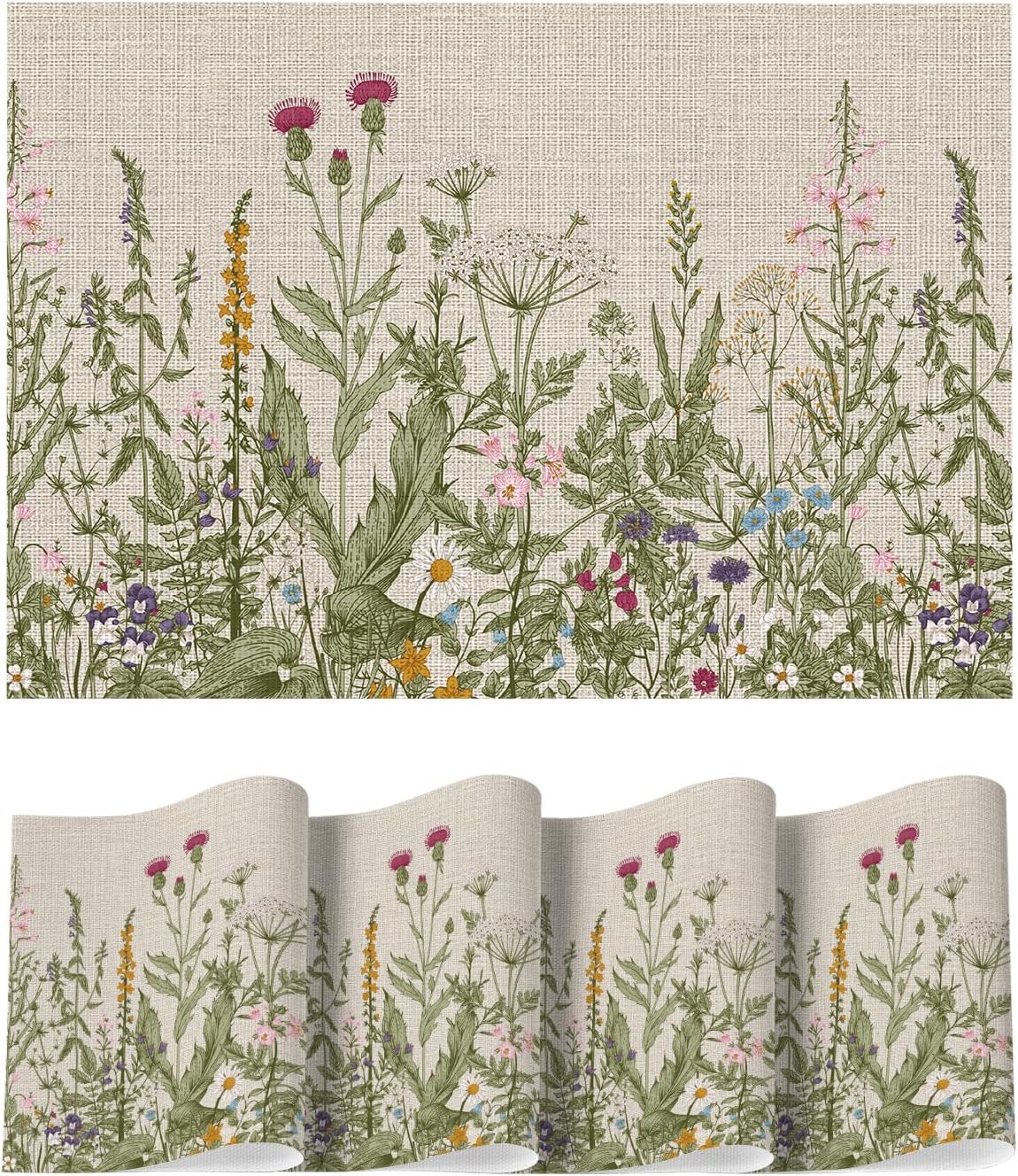 Wildflower Vinyl Placemats Set of 4, Washable Non-Slip Plastic PVC Table Mats for Spring Party Kitchen Dining Decor, 12x18 Inch