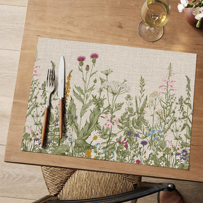Wildflower Vinyl Placemats Set of 4, Washable Non-Slip Plastic PVC Table Mats for Spring Party Kitchen Dining Decor, 12x18 Inch