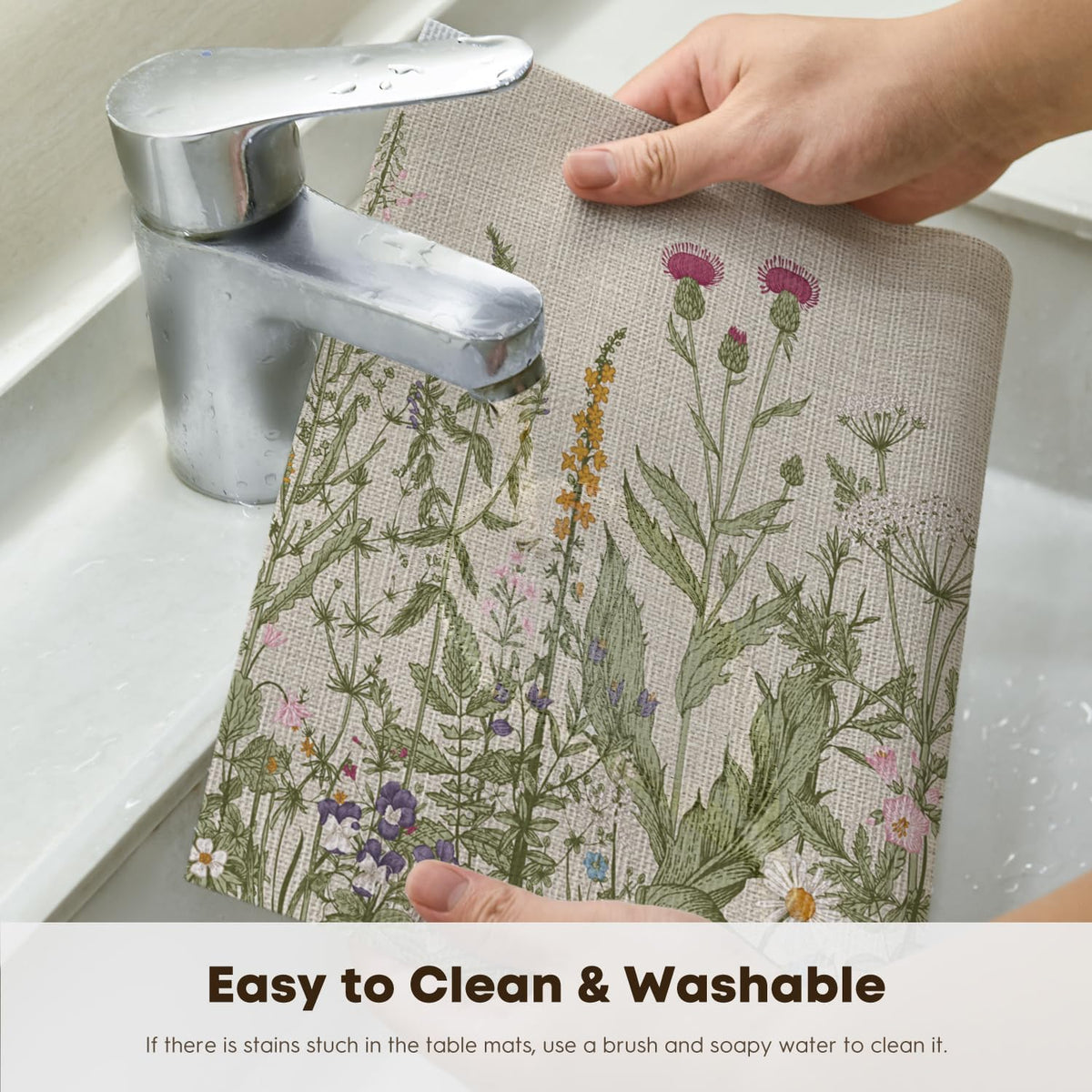 Wildflower Vinyl Placemats Set of 4, Washable Non-Slip Plastic PVC Table Mats for Spring Party Kitchen Dining Decor, 12x18 Inch