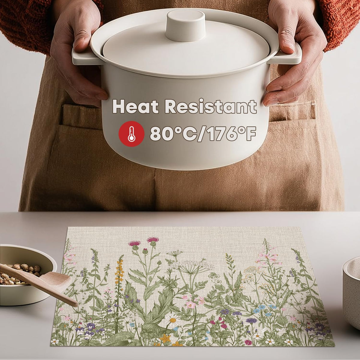 Wildflower Vinyl Placemats Set of 4, Washable Non-Slip Plastic PVC Table Mats for Spring Party Kitchen Dining Decor, 12x18 Inch
