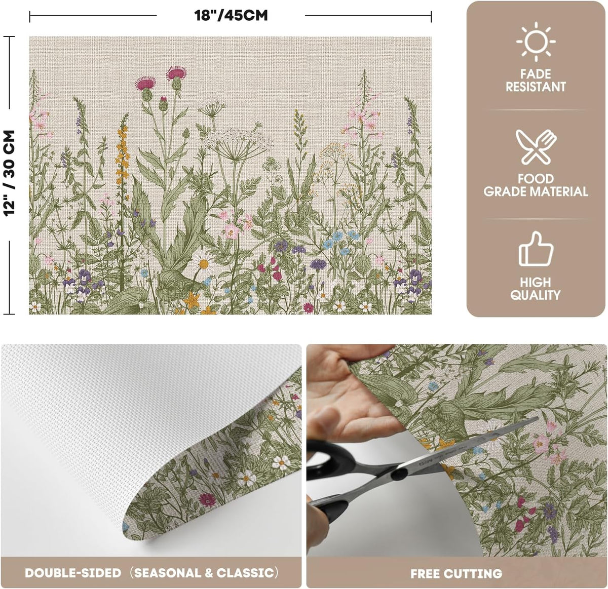 Wildflower Vinyl Placemats Set of 4, Washable Non-Slip Plastic PVC Table Mats for Spring Party Kitchen Dining Decor, 12x18 Inch