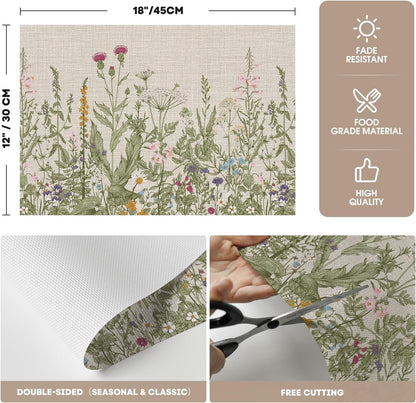 Wildflower Vinyl Placemats Set of 4, Washable Non-Slip Plastic PVC Table Mats for Spring Party Kitchen Dining Decor, 12x18 Inch