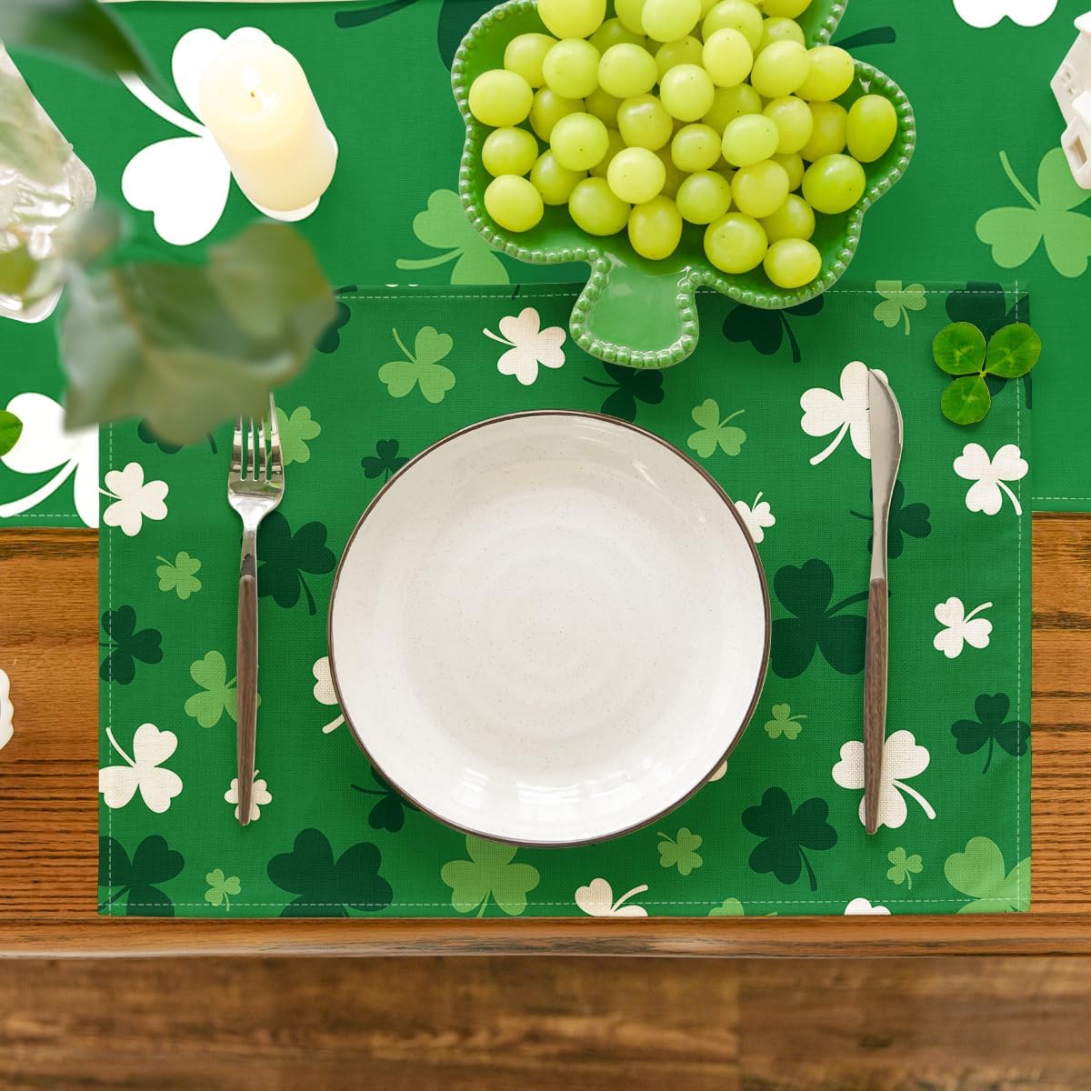 Green Shamrock St. Patrick's Day Placemats Set of 4, 12x18 Inch Seasonal Spring Table Mats for Party Kitchen Dining Decoration