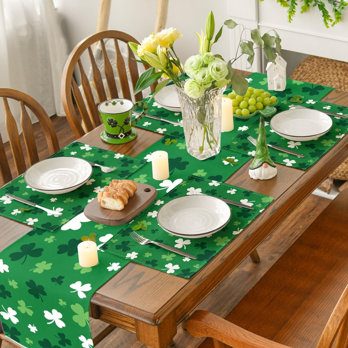 Green Shamrock St. Patrick's Day Placemats Set of 4, 12x18 Inch Seasonal Spring Table Mats for Party Kitchen Dining Decoration