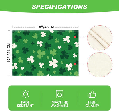 Green Shamrock St. Patrick's Day Placemats Set of 4, 12x18 Inch Seasonal Spring Table Mats for Party Kitchen Dining Decoration