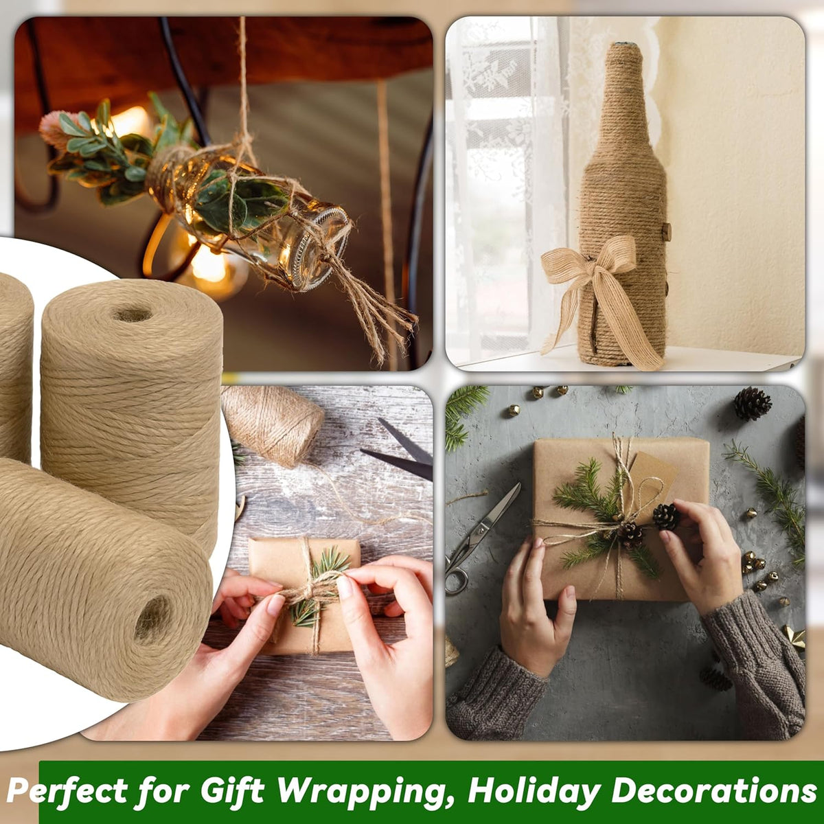 4 Pack Natural Jute Twine String (328 ft Each), 3-Ply Durable Brown Craft Twine for Gardening, Gift Wrapping, Flower Bouquet, Arts & Crafts, Hemp & Burlap String for DIY Projects