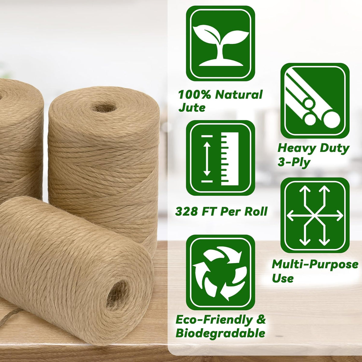 4 Pack Natural Jute Twine String (328 ft Each), 3-Ply Durable Brown Craft Twine for Gardening, Gift Wrapping, Flower Bouquet, Arts & Crafts, Hemp & Burlap String for DIY Projects