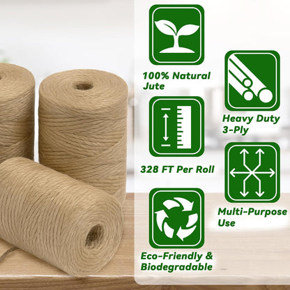 4 Pack Natural Jute Twine String (328 ft Each), 3-Ply Durable Brown Craft Twine for Gardening, Gift Wrapping, Flower Bouquet, Arts & Crafts, Hemp & Burlap String for DIY Projects