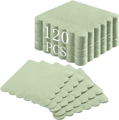 120 Pcs Cocktail Napkins Sage Green Wedding Napkins Disposable Baby Shower Scalloped Napkins for Bridal Shower, Birthday, 5 x 5 Inch
