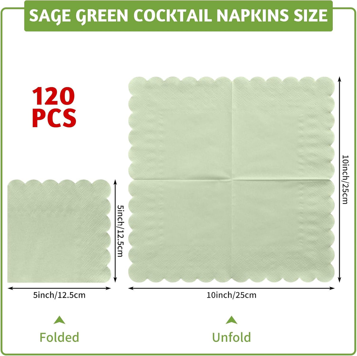 120 Pcs Cocktail Napkins Sage Green Wedding Napkins Disposable Baby Shower Scalloped Napkins for Bridal Shower, Birthday, 5 x 5 Inch