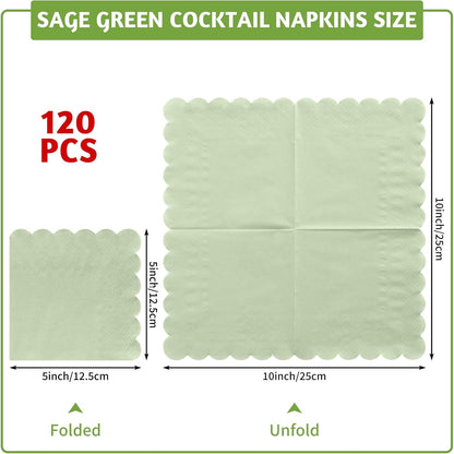 120 Pcs Cocktail Napkins Sage Green Wedding Napkins Disposable Baby Shower Scalloped Napkins for Bridal Shower, Birthday, 5 x 5 Inch
