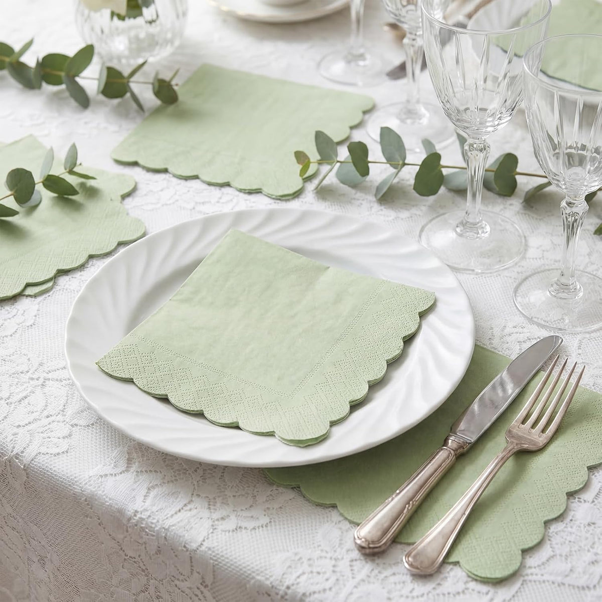 120 Pcs Cocktail Napkins Sage Green Wedding Napkins Disposable Baby Shower Scalloped Napkins for Bridal Shower, Birthday, 5 x 5 Inch
