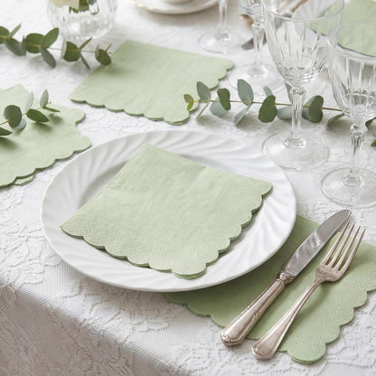 120 Pcs Cocktail Napkins Sage Green Wedding Napkins Disposable Baby Shower Scalloped Napkins for Bridal Shower, Birthday, 5 x 5 Inch