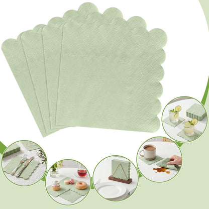 120 Pcs Cocktail Napkins Sage Green Wedding Napkins Disposable Baby Shower Scalloped Napkins for Bridal Shower, Birthday, 5 x 5 Inch