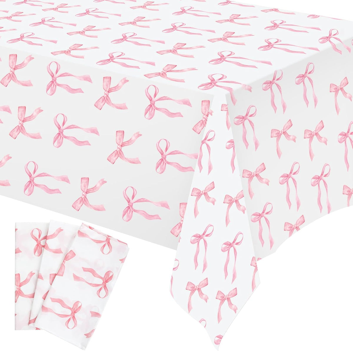 3 Pcs Pink Bow Table Cloth 54 x 108 Inch Coquette Bow Table Cover Rectangle Pink Tablecloth Disposable Tablecovers Coquette Party Decorations for Wedding Engagement Bridal Birthday Decor