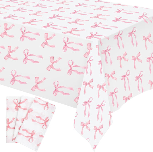 3 Pcs Pink Bow Table Cloth 54 x 108 Inch Coquette Bow Table Cover Rectangle Pink Tablecloth Disposable Tablecovers Coquette Party Decorations for Wedding Engagement Bridal Birthday Decor