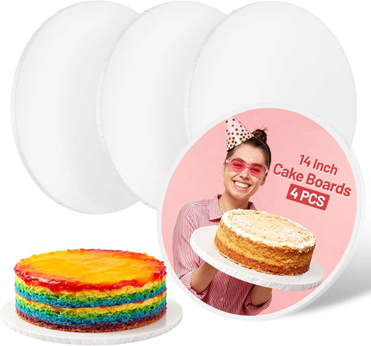 14 Inch Round Cake Drums - 4 Pack 14inch Cake Boards, 1/2 Inch Sturdy Cake Base Board with Corrugated Edges for Birthday Wedding Party Baking Display